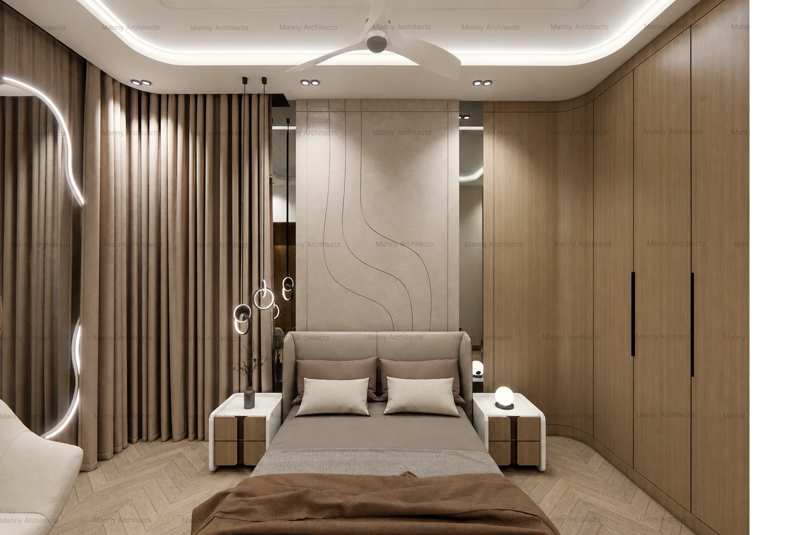 Bedroom interior — warm tonal palette with layered textile and lighting