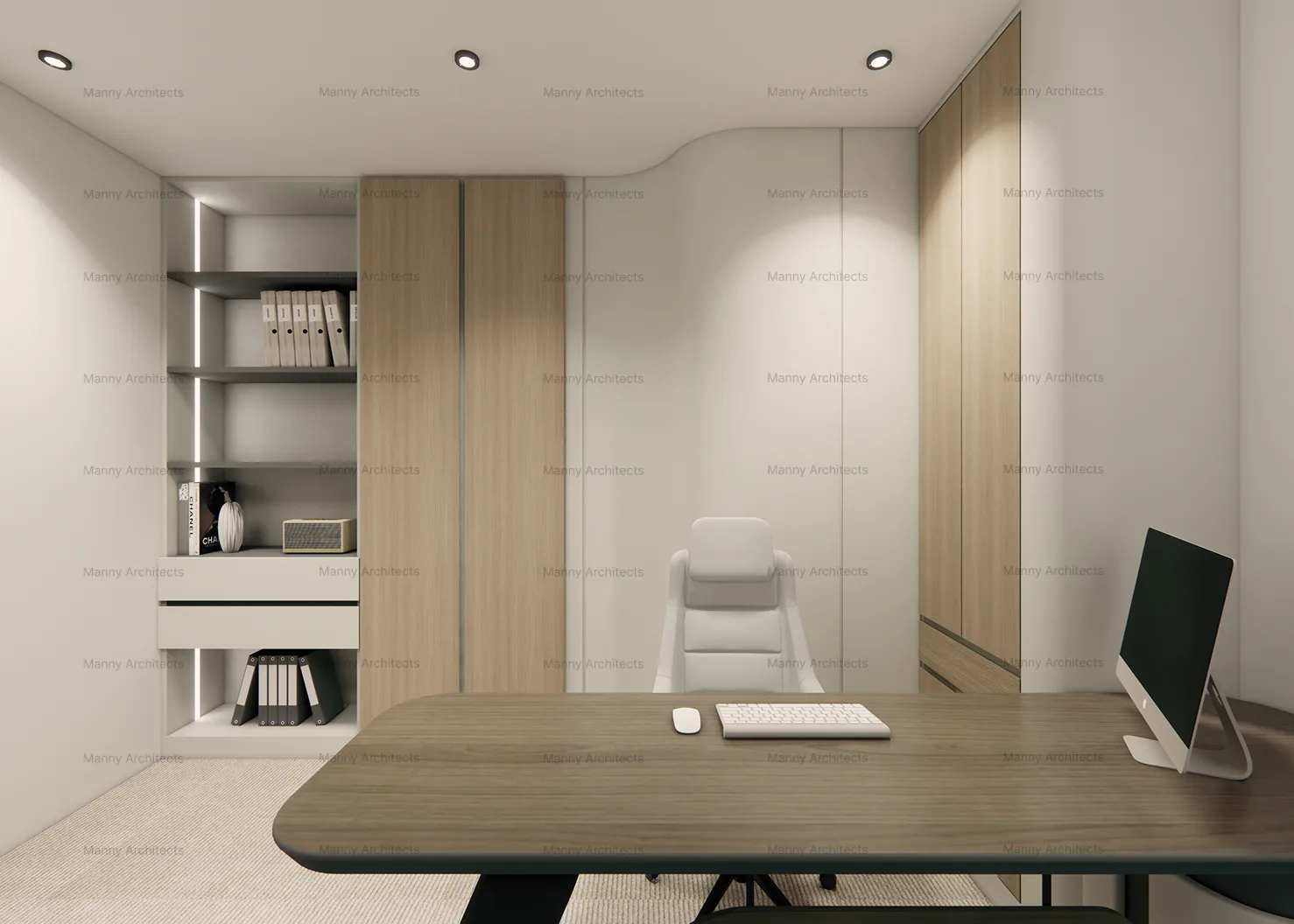RK Solar — executive office interior with warm timber finishes and curved wall detail, Tamil Nadu