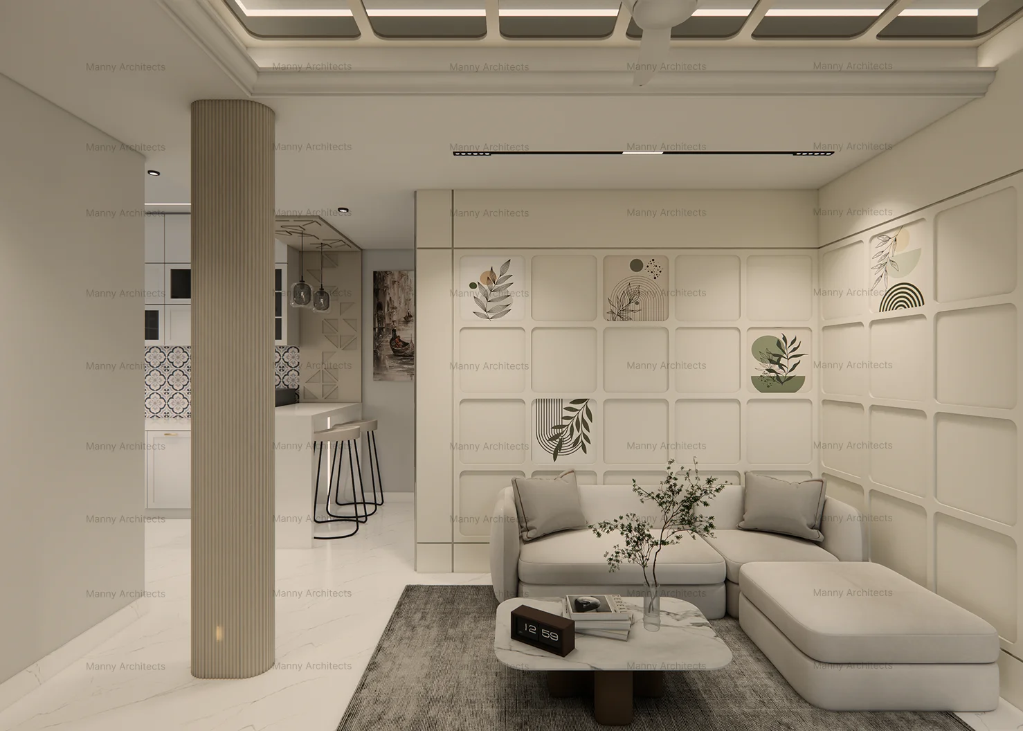 Senthil Residence — living room interior with warm materiality and layered lighting, Chennai