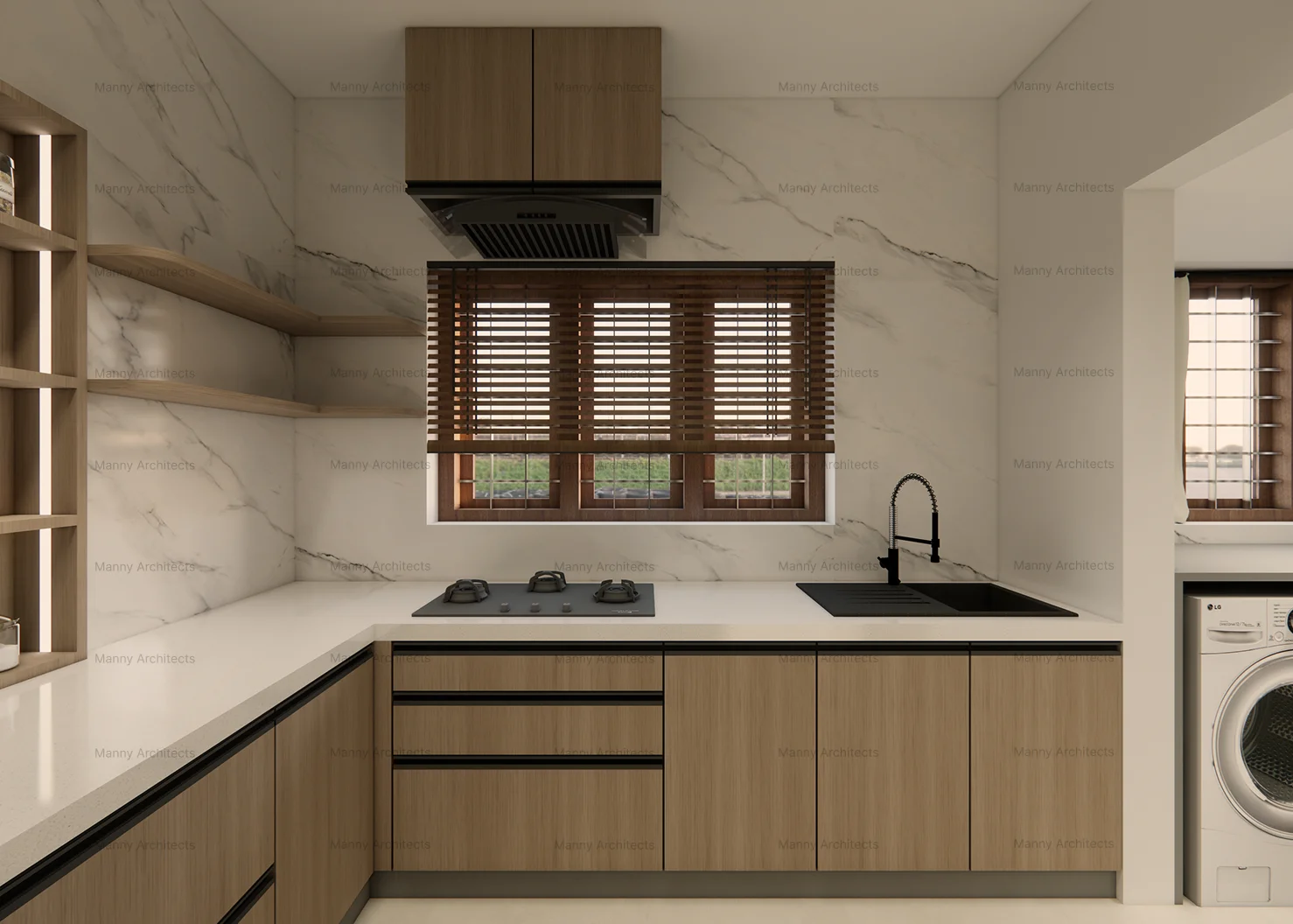 Kitchen — clean and functional with warm material accents