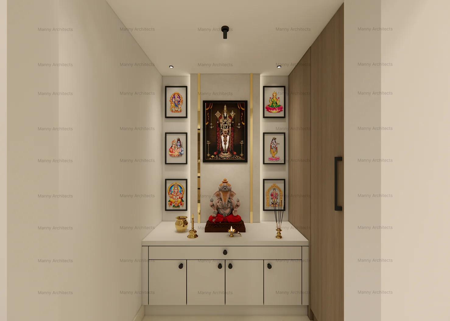 Pooja room — devotional space with sacred geometry and material warmth
