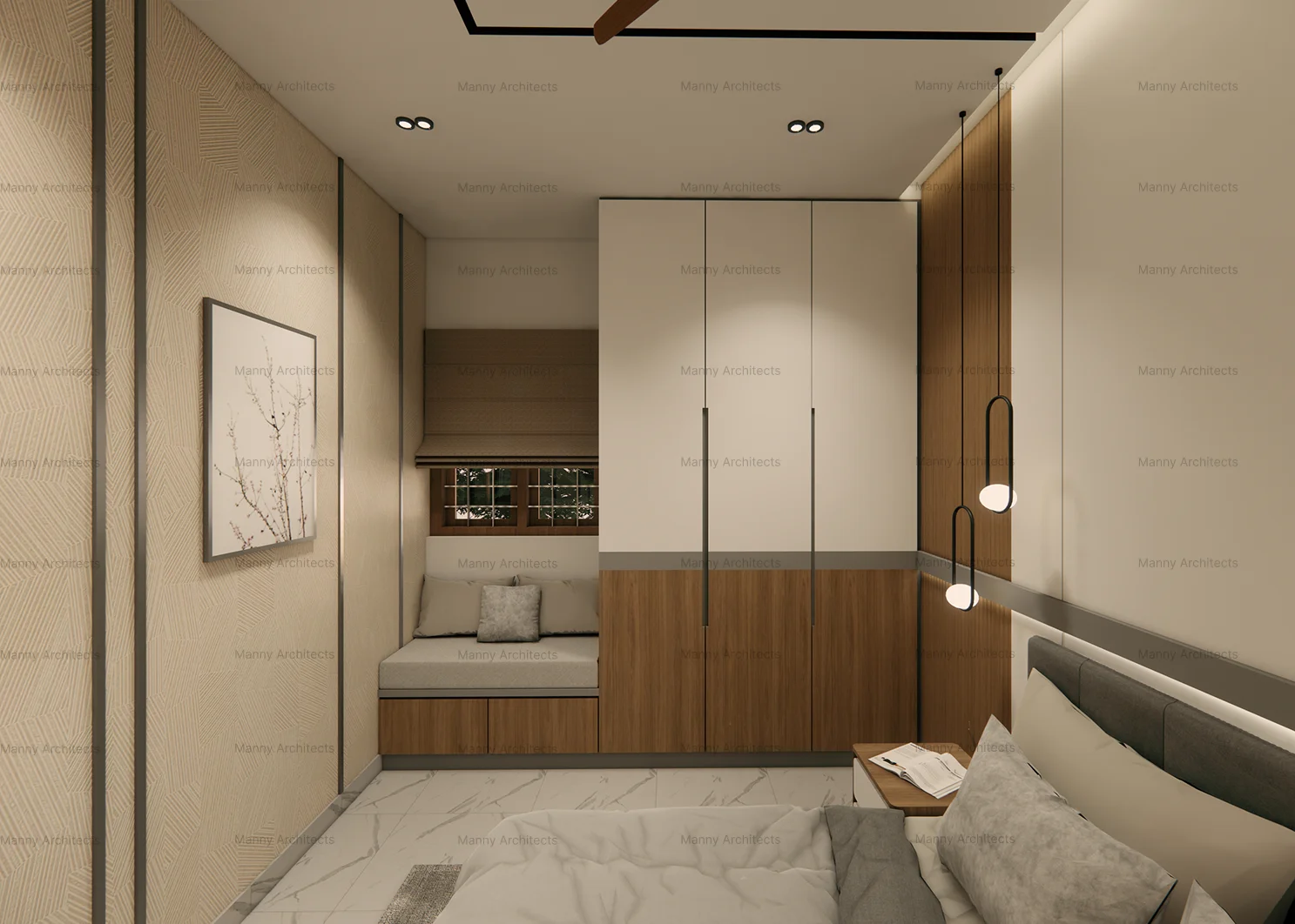 Parents bedroom — quietly dignified suite with warm material palette