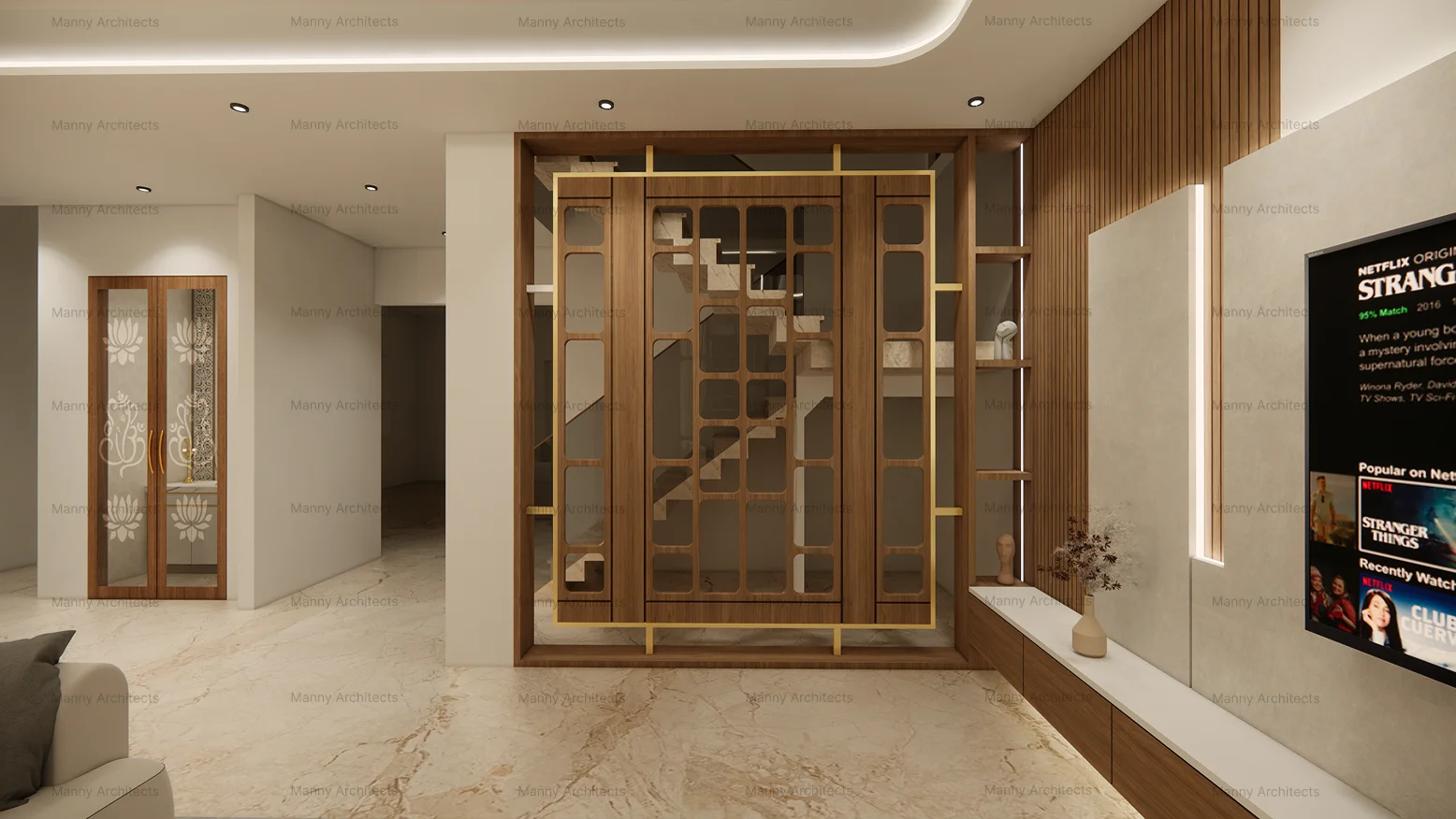 Foyer — alternate view of the arrival sequence with textured wall detail