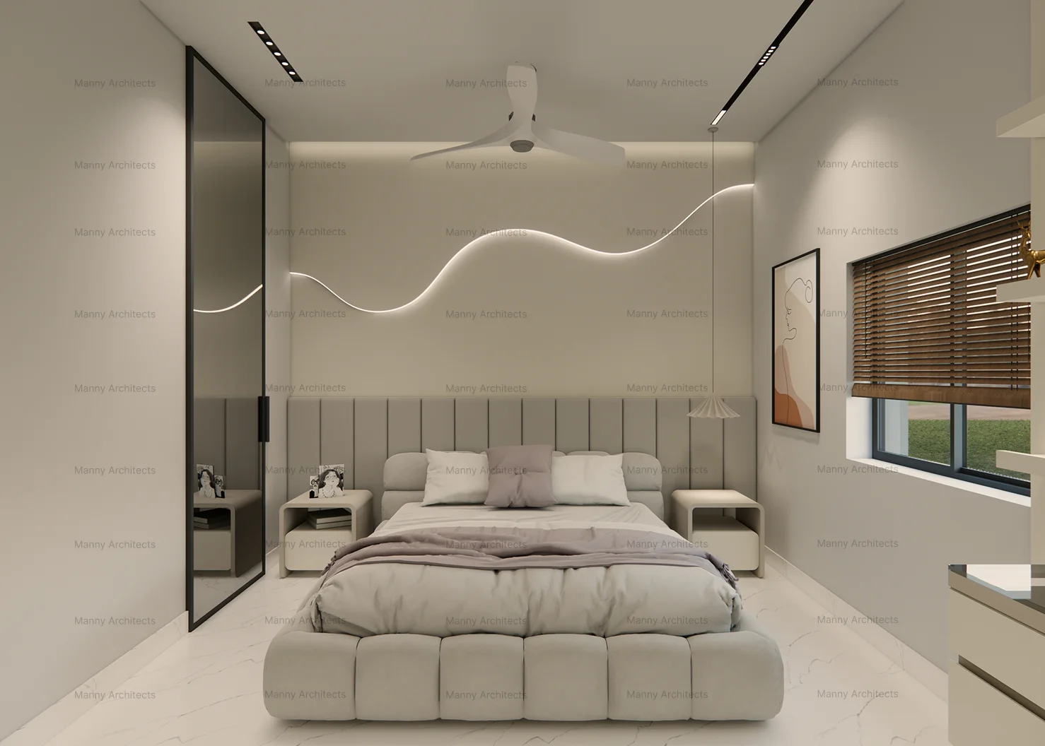 Bedroom — principal suite with bespoke wardrobe and warm tonal palette