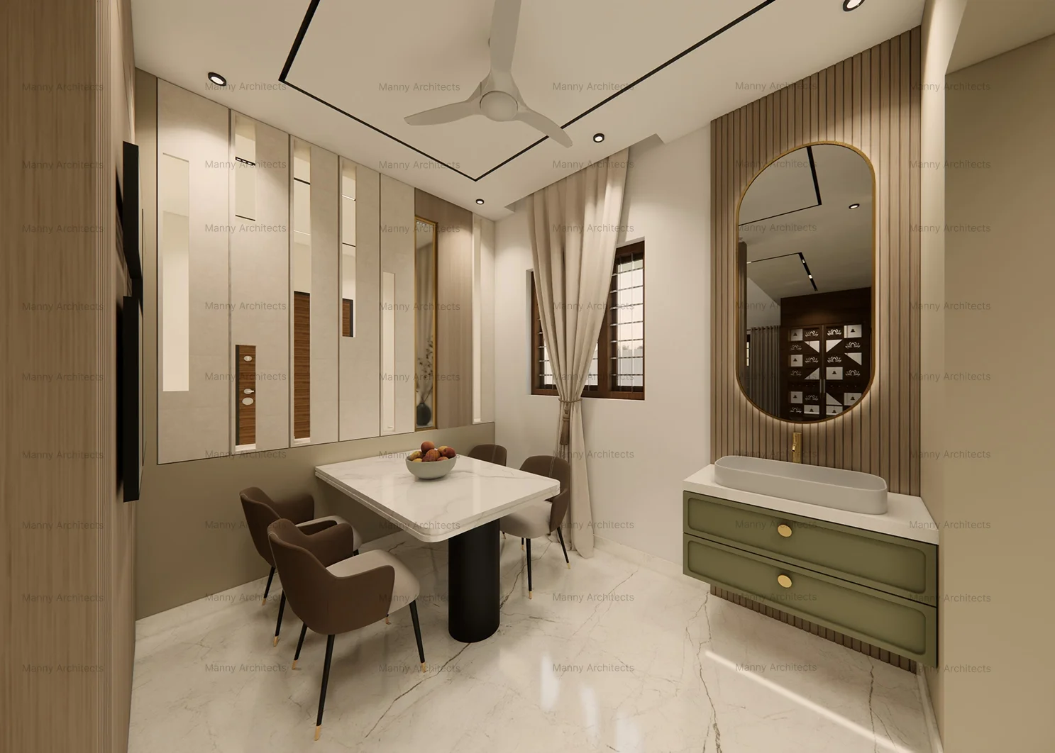 Dining and kitchen — open plan dining zone with integrated cabinetry