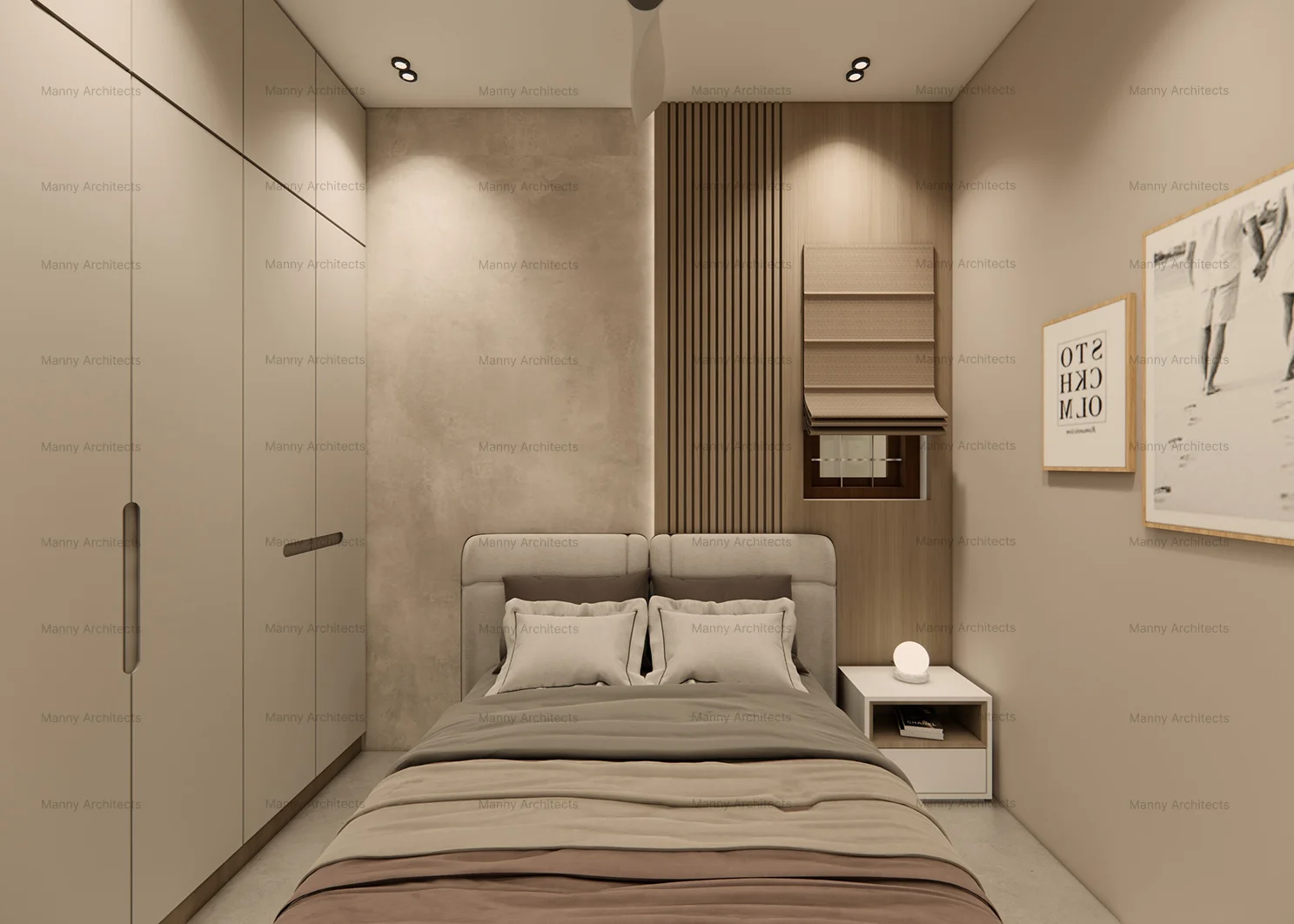 Ground floor bedroom — serene sleeping space with warm tonal palette