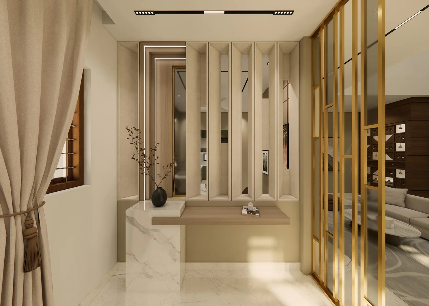 Mrs. Sridevi Residence — foyer and living area with warm material palette and architectural lighting